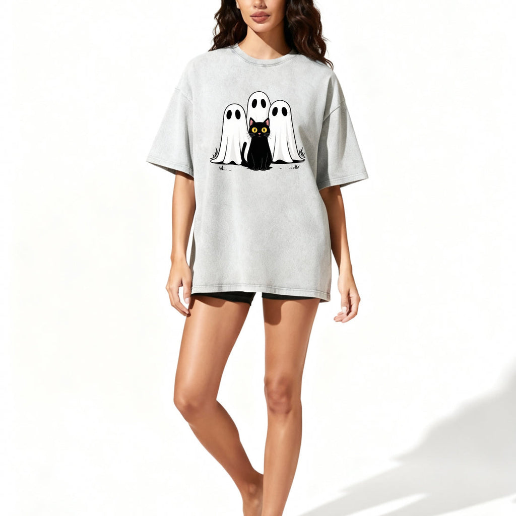 Funny Ghosts & Black Cat Print Vintage Washed T-shirt